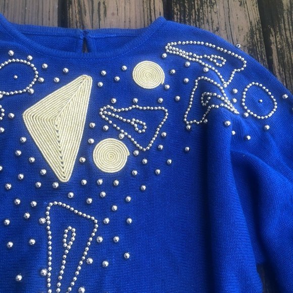 Royal Blue Sweater Sz L XL Gold Beaded Rope Embroidery Vintage 80s The Goldbergs - Picture 2 of 4